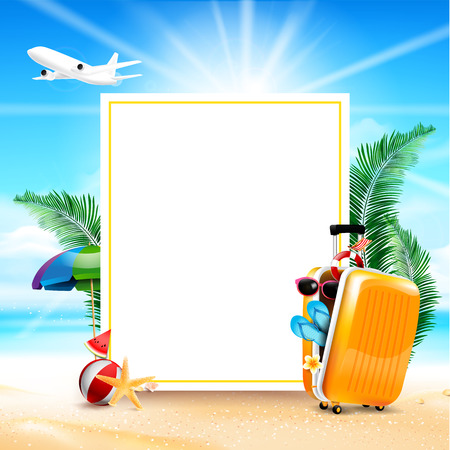 Air plane open luggage travel case with Starfish flower palm leaf sand beach element on blue sky background concept for travel vacation in summer time vector illustration eps10のイラスト素材