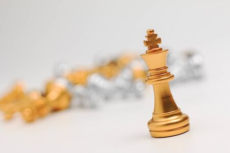 Gold Chess on white background for business metaphor leadership concept select focus on king chess shallow depth of fieldの写真素材