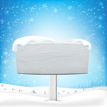 Blank wooden frame with copy space and winter snow flake falling into snow floor  and lighting over blue abstract background for winter celebration and christmas vector illustrationのイラスト素材