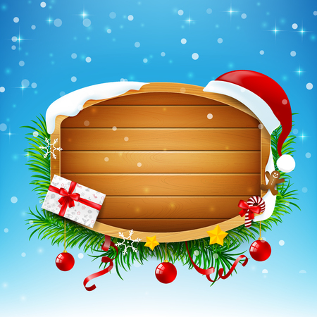 Blank wooden sign with Santa red hat and winter snow falling and star light vector illustration eps 10のイラスト素材