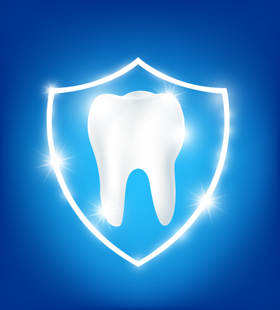 Clean and strong  white tooth in protection shield with glittering bright aura protection light element on blue background vector illutrationのイラスト素材