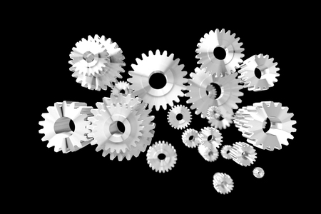 3D render group of silver metal gear on black background shallow depth of fieldの写真素材