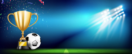 3D Golden trophy cups and Soccer Ball and football stadium greeen grass field with spot light at night time vector illustration, web banner ratioのイラスト素材