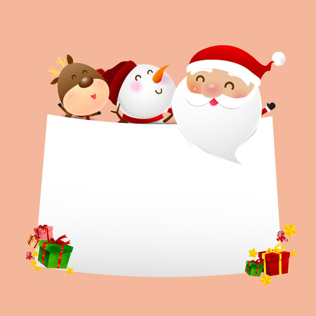 Christmas Snowman Santa claus cartoon smile with happiness white blank white paper copy space vector illustrationのイラスト素材