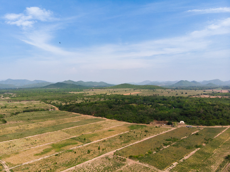 Drone shot aerial view scenic landscape of agriculture farm against mountain and nature forestの写真素材