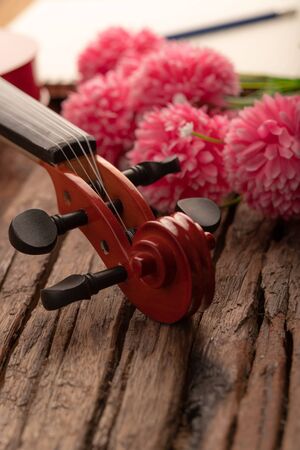 Close-up shot coffee cup and violin orchestra instrumental over wooden background select focus shallow depth of fieldの写真素材