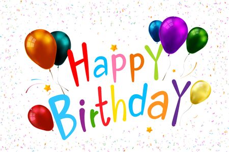 Cute colorful calligraphy of happy birthday text with rainbow balloon and fractal of ribbon for an anniversary celebration and invitations greeting card on the white background vector illustrationのイラスト素材