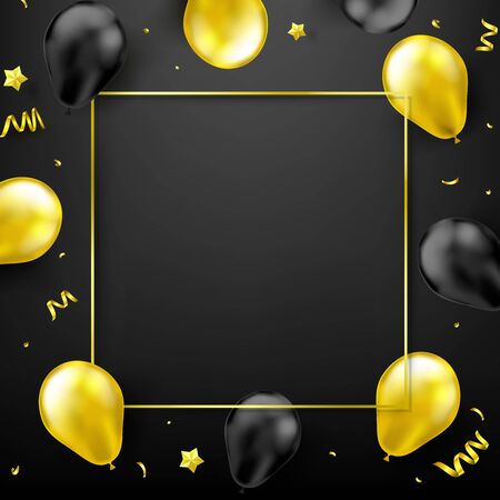 Golden and black balloon star and ribbon on dark background with copy space vector illustrationのイラスト素材