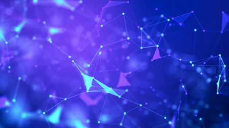 Abstract background Dot and connect line for cyber technology futuristic and network connection concept with dark and grain processed wide screen ratioの写真素材
