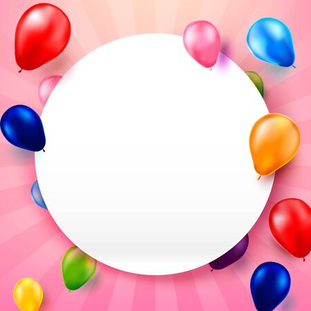 3D Bunches and groups of colorful shiny and gross balloons flying by helium gas with blank white paper, for party, happy and celebrate decoration concept on white backgroundの写真素材
