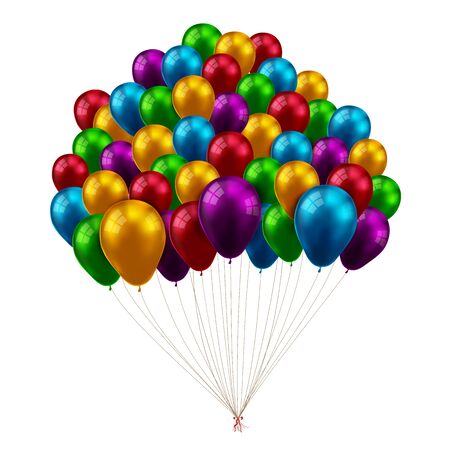 3D Bunches and groups of colorful shiny and gross balloons flying by helium gas, for party, happy and celebrate decoration concept on white backgroundのイラスト素材