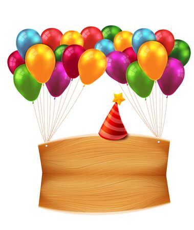3D Bunches and groups of colorful shiny and gross balloons flying by helium gas with blank wooden board, for party, happy and celebrate decoration concept on white backgroundのイラスト素材