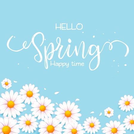 Hello spring text paper background with beautiful white flowers. Template for banners, Wallpaper, flyers, invitation, posters, brochure, and voucher discount. Vector illustrationのイラスト素材