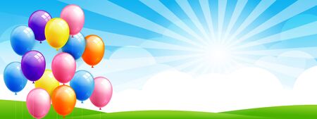 3D group of a realistic colorful balloon, Vector illustration celebration balloon with copy space, with cloud sunray blue sky and meadow field, For an anniversary, birthday, children style templateの写真素材