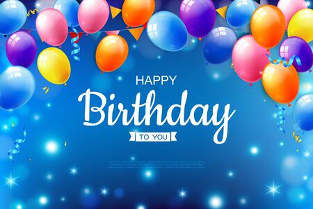 Happy birthday text with a realistic balloon, Vector illustration celebration balloon with a colorful flag, Anniversary birthday light bokeh and glitter backgroundのイラスト素材