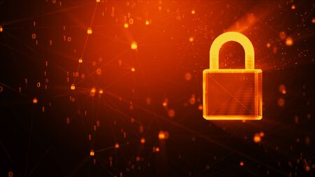 3D Padlock with connection line, with lighting shallow depth of field and glitter effect, against 0 1 binary digital number abstract backgroundの写真素材