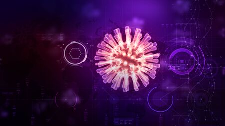 3D Rendering wireframe virus for Covid-19 Coronavirus outbreak concept,  with chemical structure background, 3D medical of floating influenza virus cells in microscopic view, pandemic risk conceptの写真素材