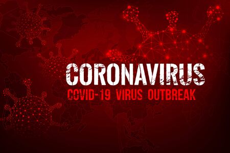 Coronavirus text outbreak with the world map and 3D wireframe virus cyber futuristic concept, Abstract background virus hazard vector illustrationの写真素材