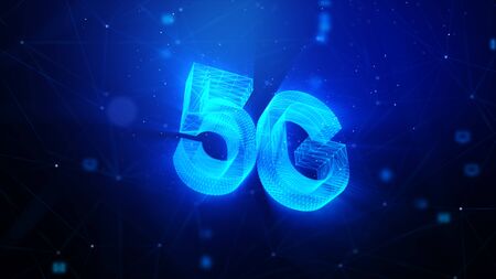 5G technology abstract background, with blur lighting particle and connection line, for cyber technology futuristic and communication concept, glitter and shallow depth of field effectの写真素材