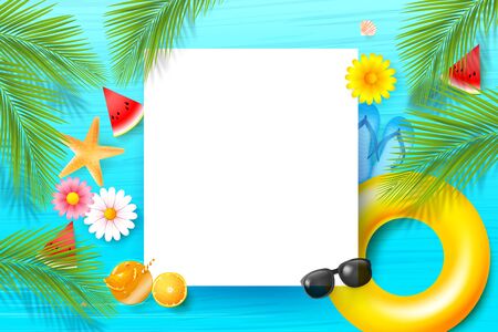 Summer vacation concept, with orange juice flower sunglass on wooden table, against sand and sea beach starfish shell green leaf and rock with copy space vector illustrationのイラスト素材