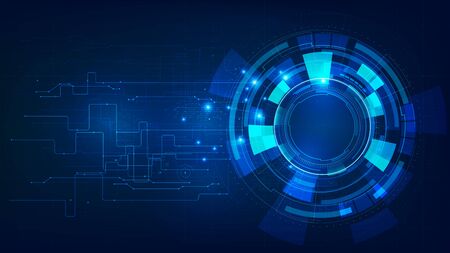 Futuristic and technology dark blue background, Circle HUD head-up display interface for communication and innovation cyber concept, with line arrow gear element, vector illustrationのイラスト素材