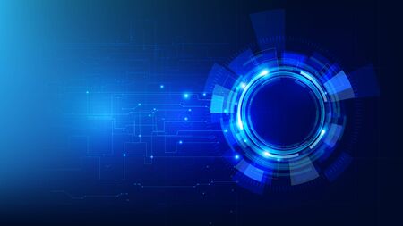 Futuristic and technology dark blue background, Circle HUD head-up display interface for communication and innovation cyber concept, with line arrow gear element, vector illustrationのイラスト素材