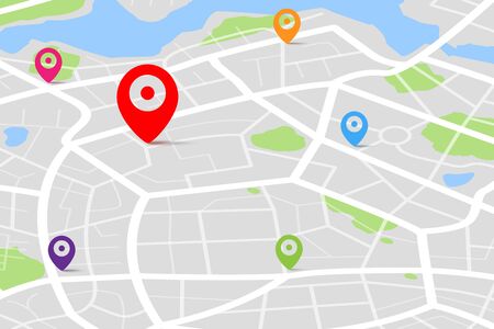 3D Isometric map with destination location point, Aerial clean top view of the day time city map with street and river, Blank urban imagination map, GPS map navigator concept, vector illustrationのイラスト素材