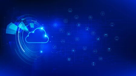 Futuristic and technology dark blue background, Cloud and internet of things icons for communication and innovation network concept, with line arrow gear element, vector illustrationのイラスト素材