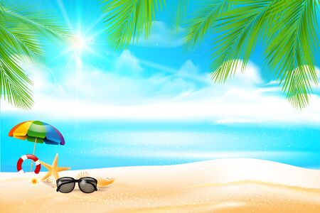 Sunglass star fish and flower in the Sand beach over blur sea and sky with sun light flare and copyspace abstract background vector illustrationのイラスト素材