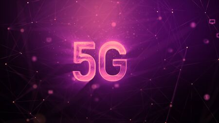 5G technology abstract background, with blur lighting particle and connection line, for cyber technology futuristic and communication concept, glitter and shallow depth of field effectの写真素材