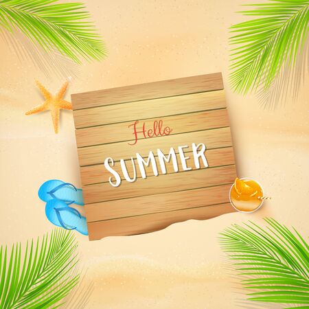 Abstract background for summer vacation concept, with orange juice flower sunglass on wooden table, against sand and sea beach starfish shell green leaf and rock with copy space vector illustrationのイラスト素材