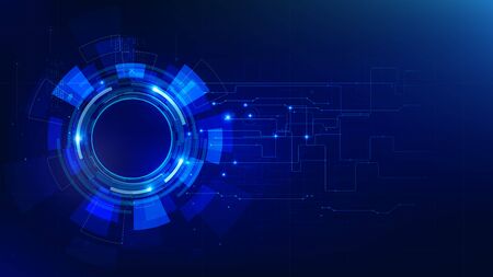 Futuristic and technology dark blue background, Circle HUD head-up display interface for communication and innovation cyber concept, with line arrow gear element, vector illustrationのイラスト素材