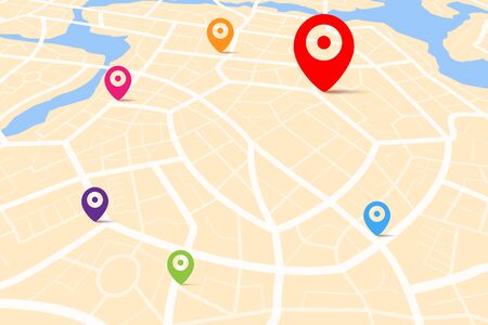 Map with destination location point, Aerial clean top view of the day time city map with street and river, Blank urban imagination map, GPS map navigator concept, vector illustrationのイラスト素材