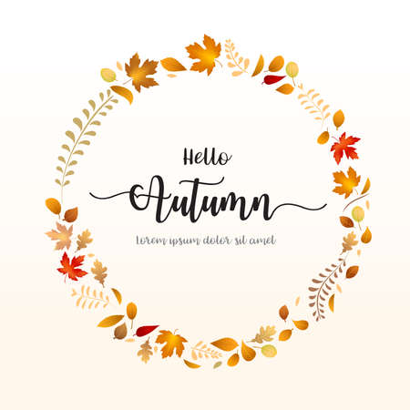 Hello Autumn word with dry leaf circle shape falling on background, for an autumn design element, vector illustrationのイラスト素材