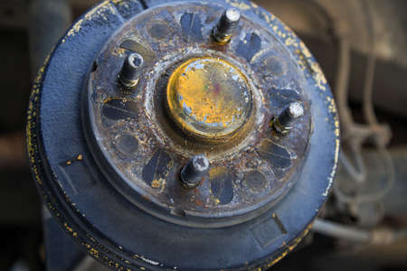 A rear hub of the car after removing a tire and wheel, maintaining a brake and wheel system, car jack-up for change a car wheel, Close-up shotの写真素材