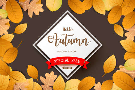 Autumn sale tag banner and autumn dry leaf falling on a white background, dry of maple leaf, for autumn design element, vector illustrationのイラスト素材