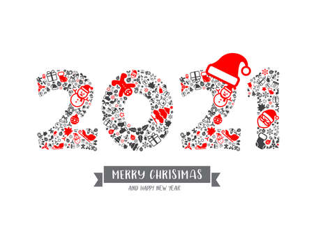 2021 Calligraphy with Christmas icon for celebration and decoration design element, flat style, vector illustrationのイラスト素材