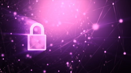 3D Padlock with connection line, with lighting shallow depth of field and glitter effect, against 0 1 binary digital number abstract backgroundの写真素材