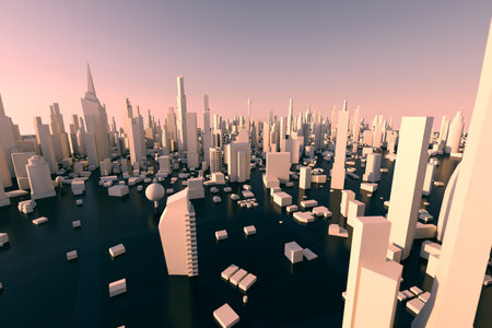 3D Rendering white city, Cityscape with building house and street with shallow depth of field effectの写真素材