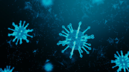 3D Rendering wireframe virus for Covid-19 Coronavirus outbreak concept,  virus 2019-ncov flu outbreak, 3D medical of floating influenza virus cells in microscopic view, World pandemic risk conceptの写真素材