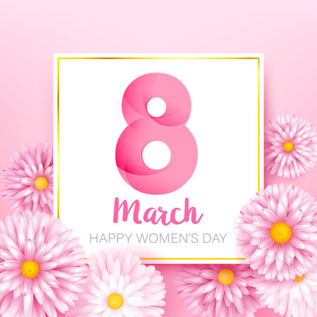 Happy women day 8 march text calligraphy with a beautiful flower on a light pink background, for international women's day holiday vector illustrationのイラスト素材