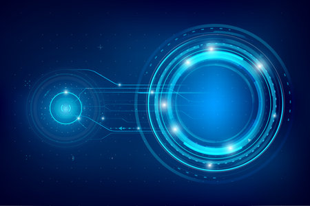 Futuristic and technology dark blue background, Circle HUD head-up display interface for communication and innovation cyber concept, with line arrow gear element, vector illustrationのイラスト素材