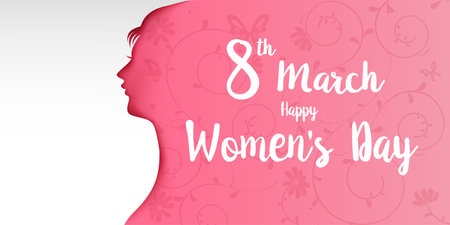 Happy women day 8 march text calligraphy with woman shape paper cut on light pink background, for international women's day holiday vector illustrationのイラスト素材