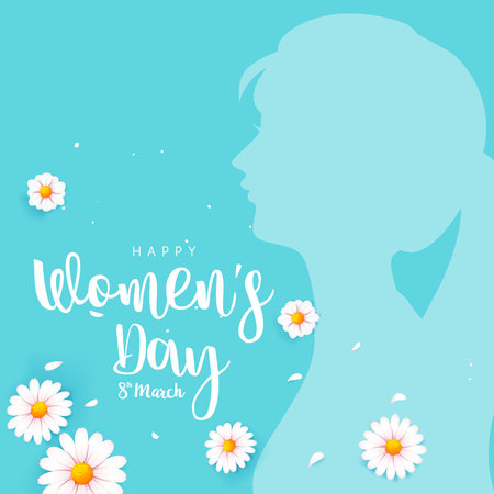 Happy women day 8 march text calligraphy with a beautiful flower on a light blue background, for international women's day holiday vector illustrationのイラスト素材