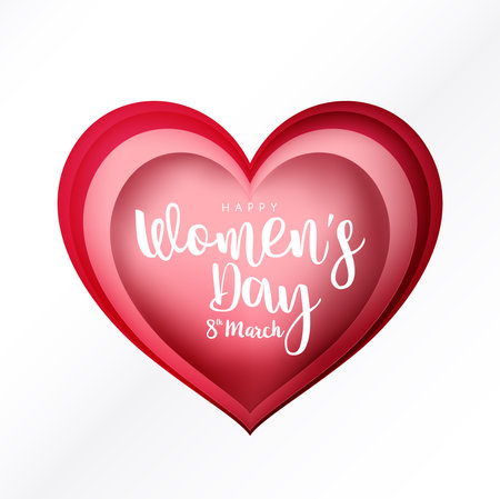 Happy women day 8 march text calligraphy on heart shape paper cut style over the white background, for international women's day holiday vector illustrationのイラスト素材