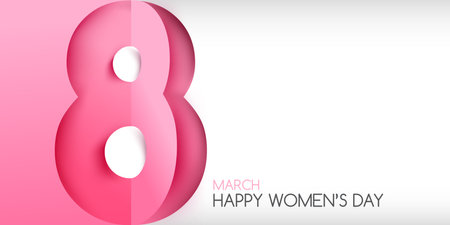 Happy women day 8 march text calligraphy paper cut style with a pink ribbon on a light pink background, for international women's day holiday vector illustrationのイラスト素材