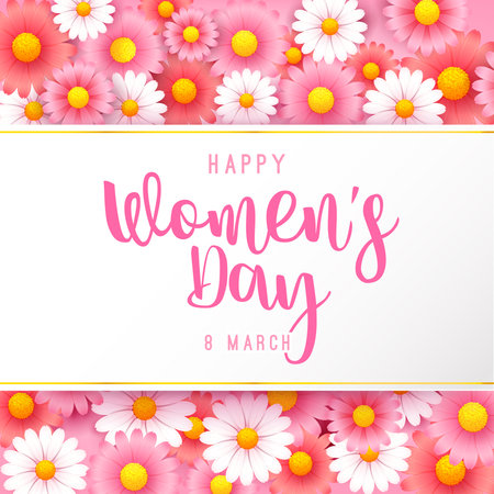 Happy women day 8 march text calligraphy with beauty flower and paper frame on light pink background, with cloud and shadows element, for international women's day holiday vector illustrationのイラスト素材