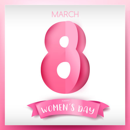 Happy women day 8 march text calligraphy paper cut style with a pink ribbon on a light pink background, for international women's day holiday vector illustrationのイラスト素材