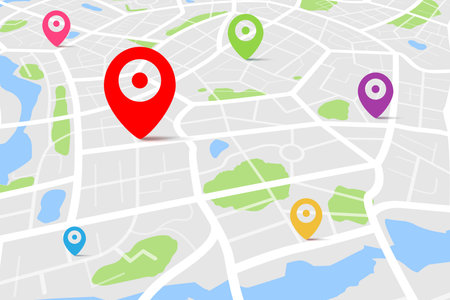 3D top view of a map with destination location point, Aerial clean top view of the day time city map with street and river, Blank urban imagination map, GPS map navigator concept, vector illustrationのイラスト素材