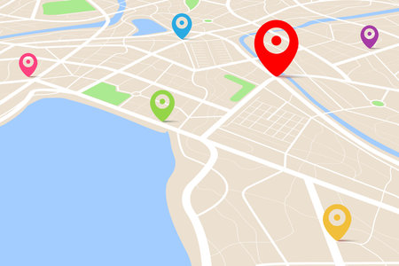 3D top view of a map with destination location point, Aerial clean top view of the day time city map with street and river, Blank urban imagination map, GPS map navigator concept, vector illustrationのイラスト素材